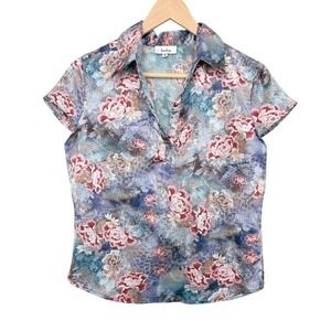 VTG Harlow y2k lotus purple Floral Print Short Sleeve Collared Shirt Blouse Top